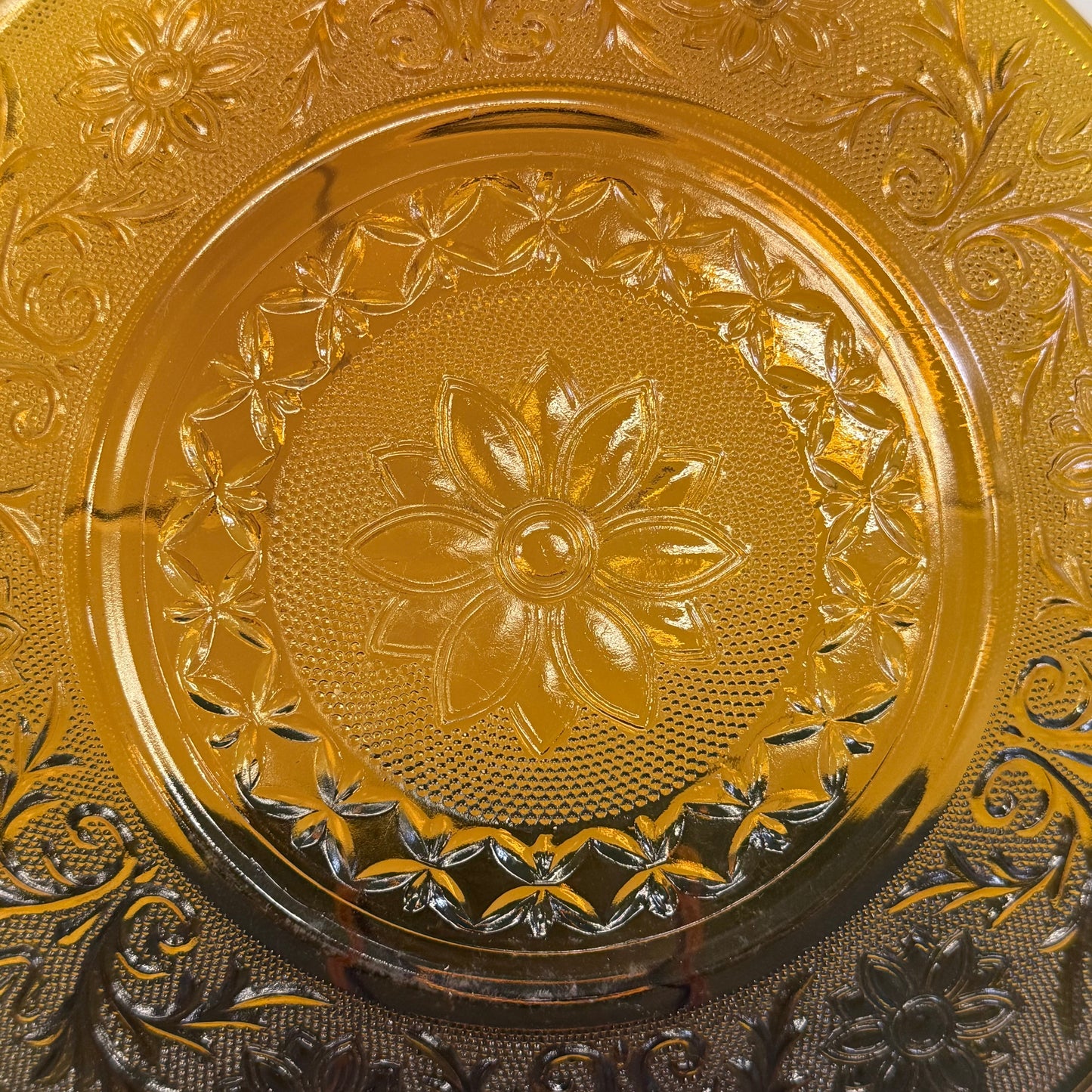 Indiana Glass Golden Amber Floral Plates Set of 3 Vintage 1970s