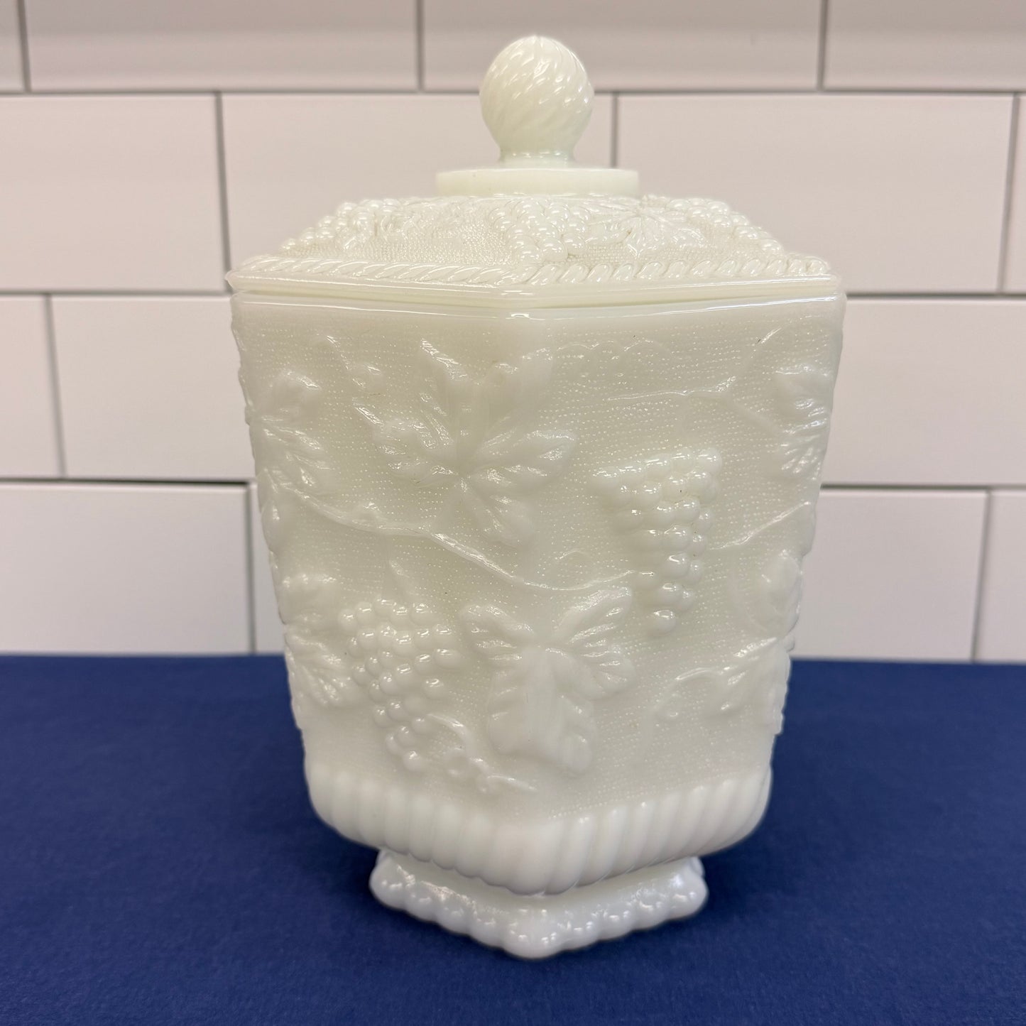 Fire King Grapevine Milk Glass Lidded Jar Vintage 1960s