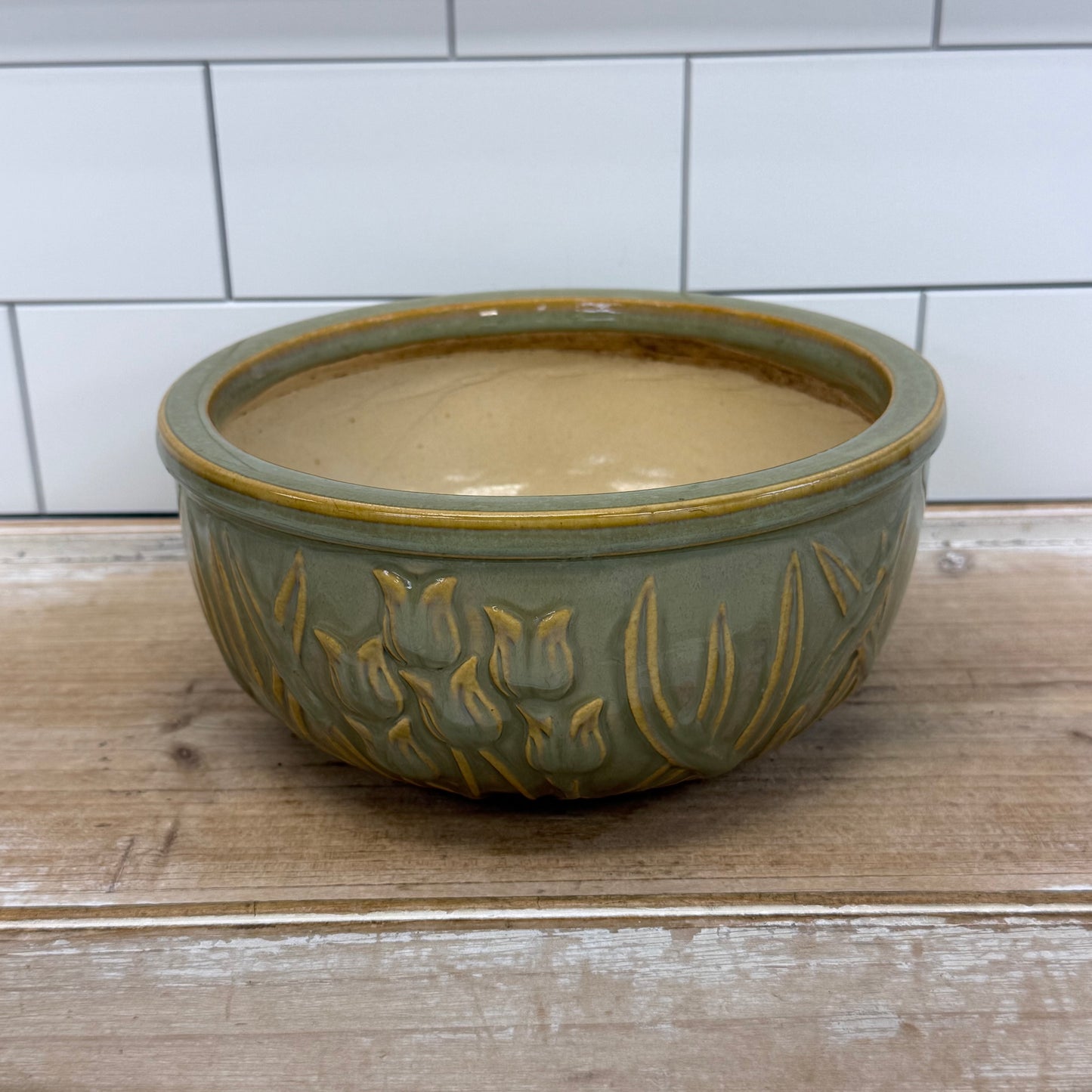 Embossed Tulip Floral Planter Sage Green Glazed Ceramic