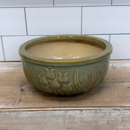 Embossed Tulip Floral Planter Sage Green Glazed Ceramic