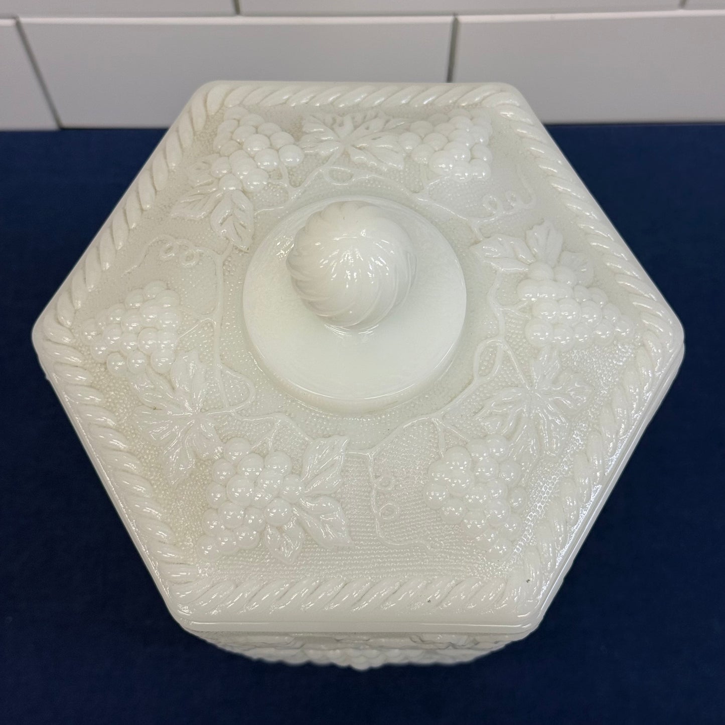 Fire King Grapevine Milk Glass Lidded Jar Vintage 1960s