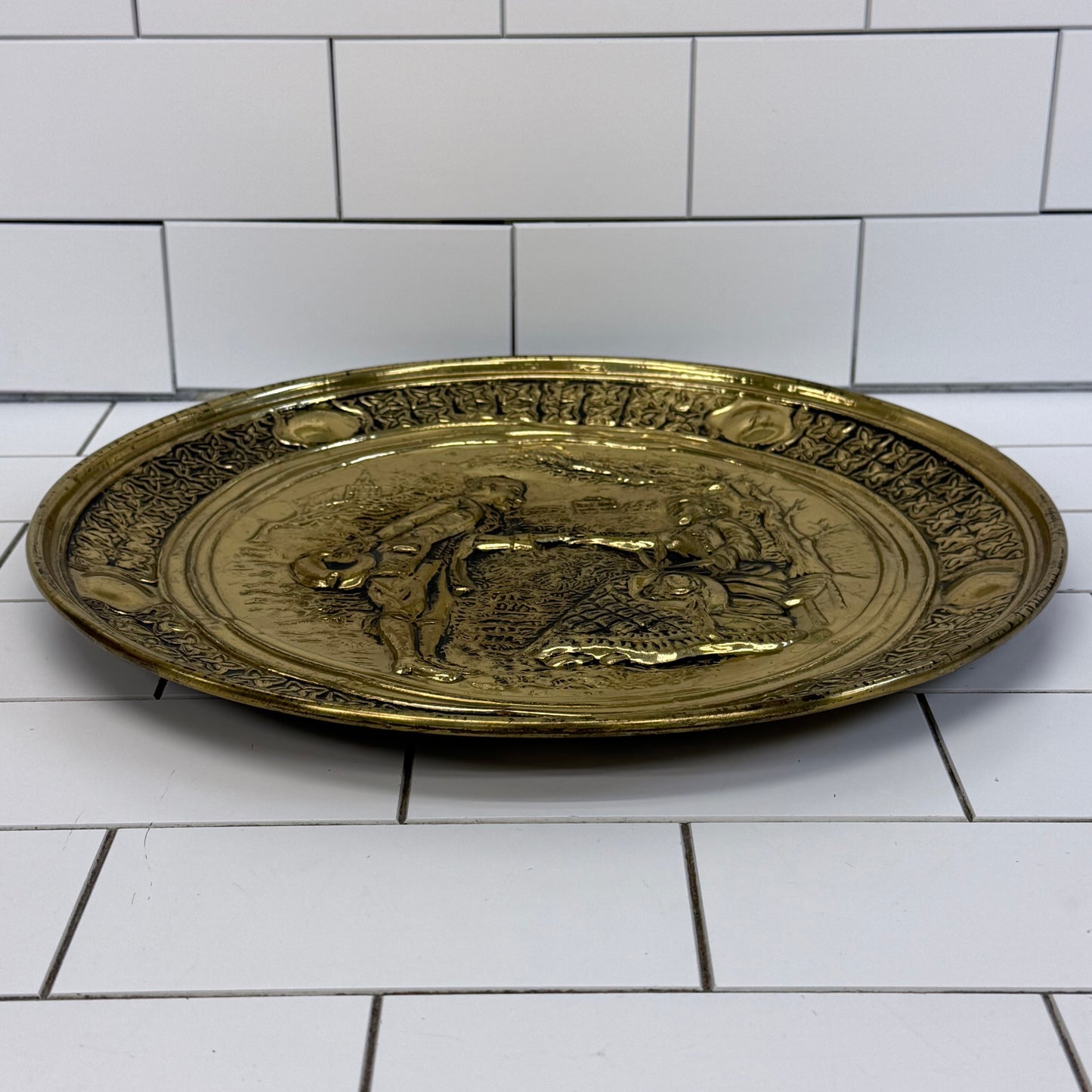 Embossed Brass Wall Plates with Display Easels Set of 2