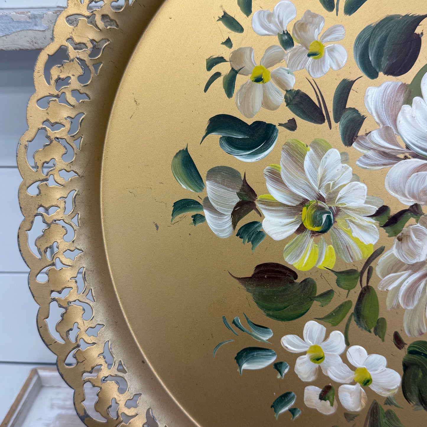 Vintage Nashco Hand Painted Floral Toleware Metal Tray 15”