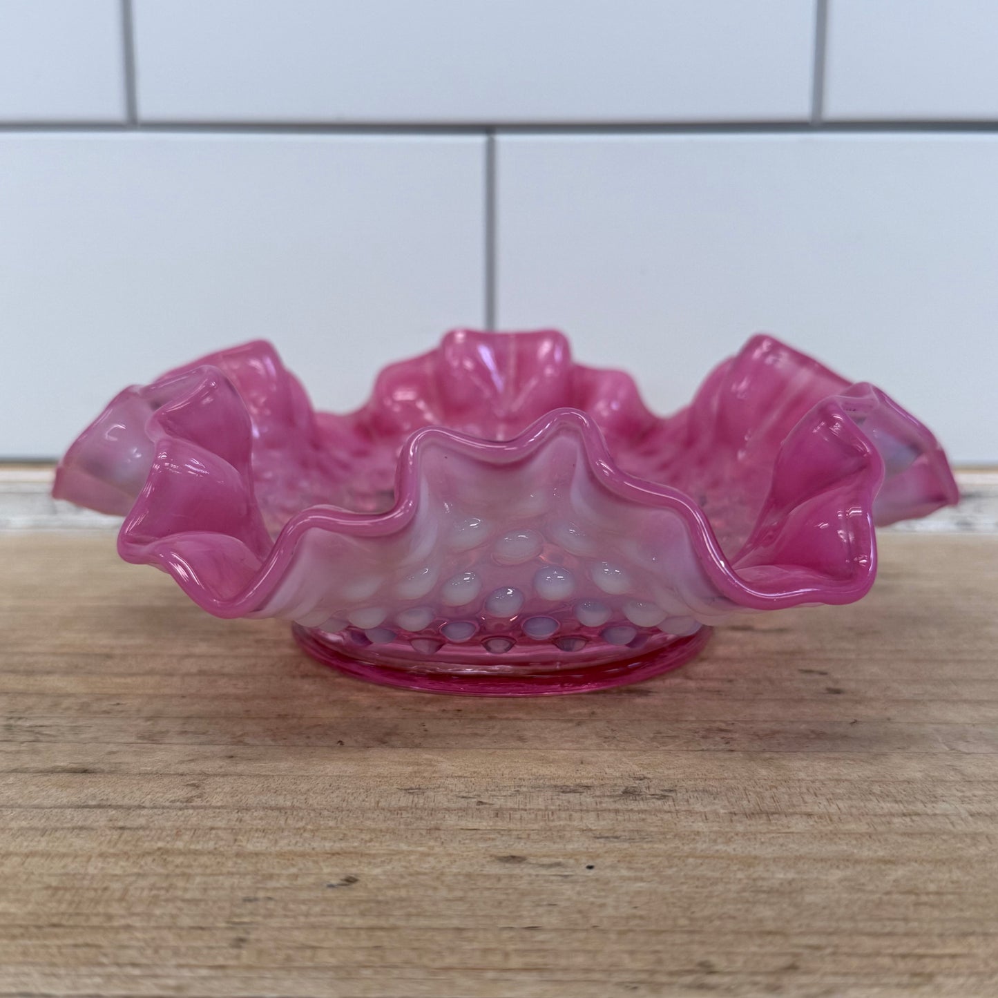 Fenton Cranberry Opalescent Hobnail Ruffled Candy Dish 6 Inch