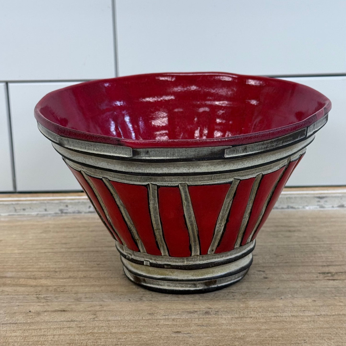 Studio Art Pottery Red Stoneware Carved Line Bowl Vintage Signed