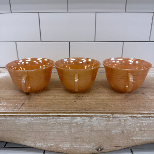 Fire King Peach Lustre Jane Ray Teacups Saucers Set of 3