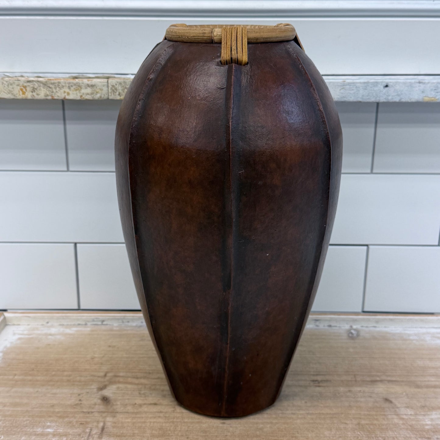 Hand Carved Philippine Wood Vase with Rattan Collar Decorative Vase