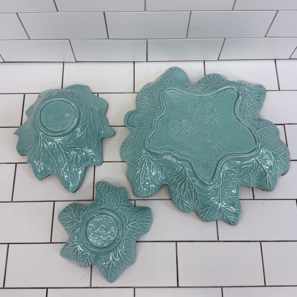 California Originals Turquoise Leaf Bowls Set of 3 Vintage 1960s