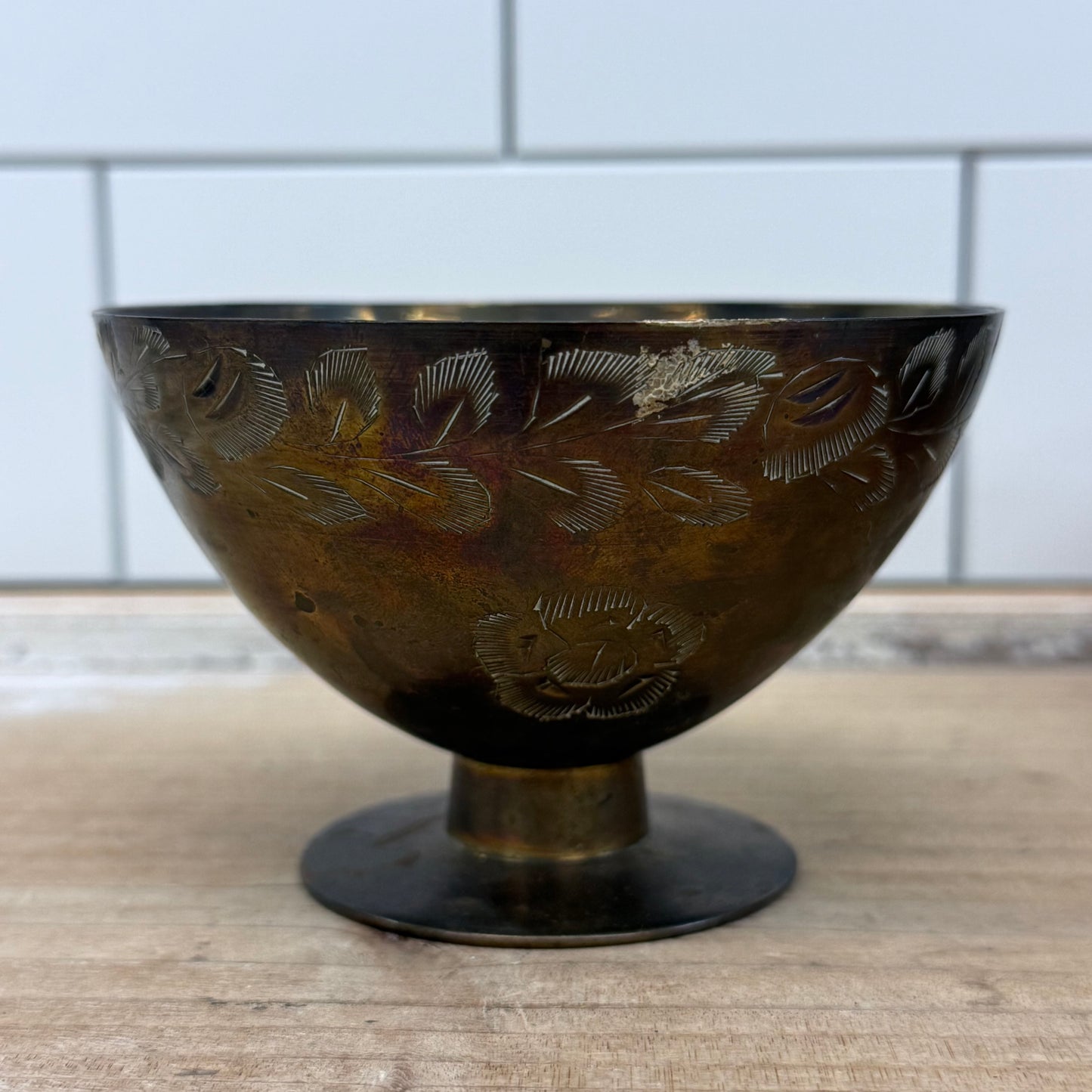 Etched Floral Brass Compotes Set of 2 Vintage Pedestal Bowls