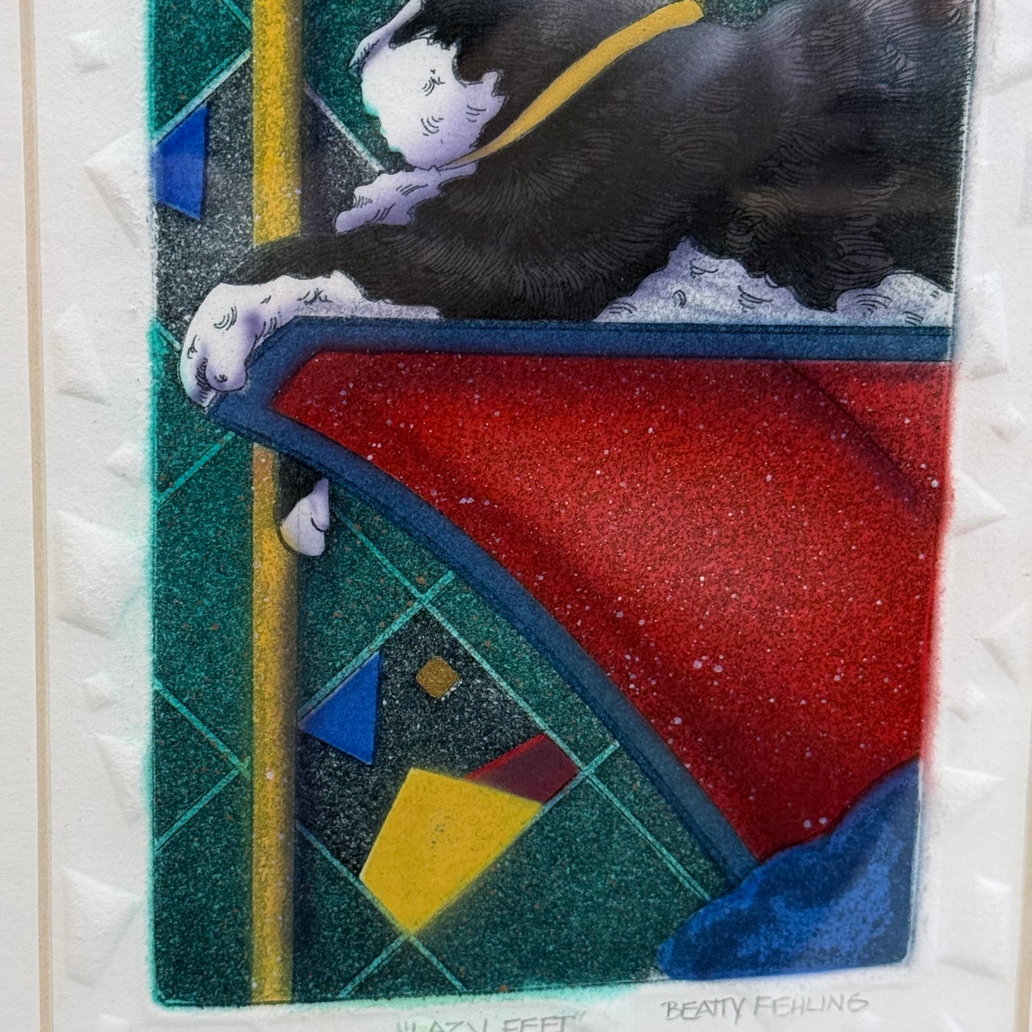 Beatty Fehling Lazy Feet Signed Framed Etching Cat Art Print