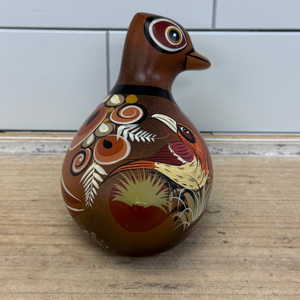 Vintage Mexican Folk Art Hand Painted Pottery Pheasant Bird