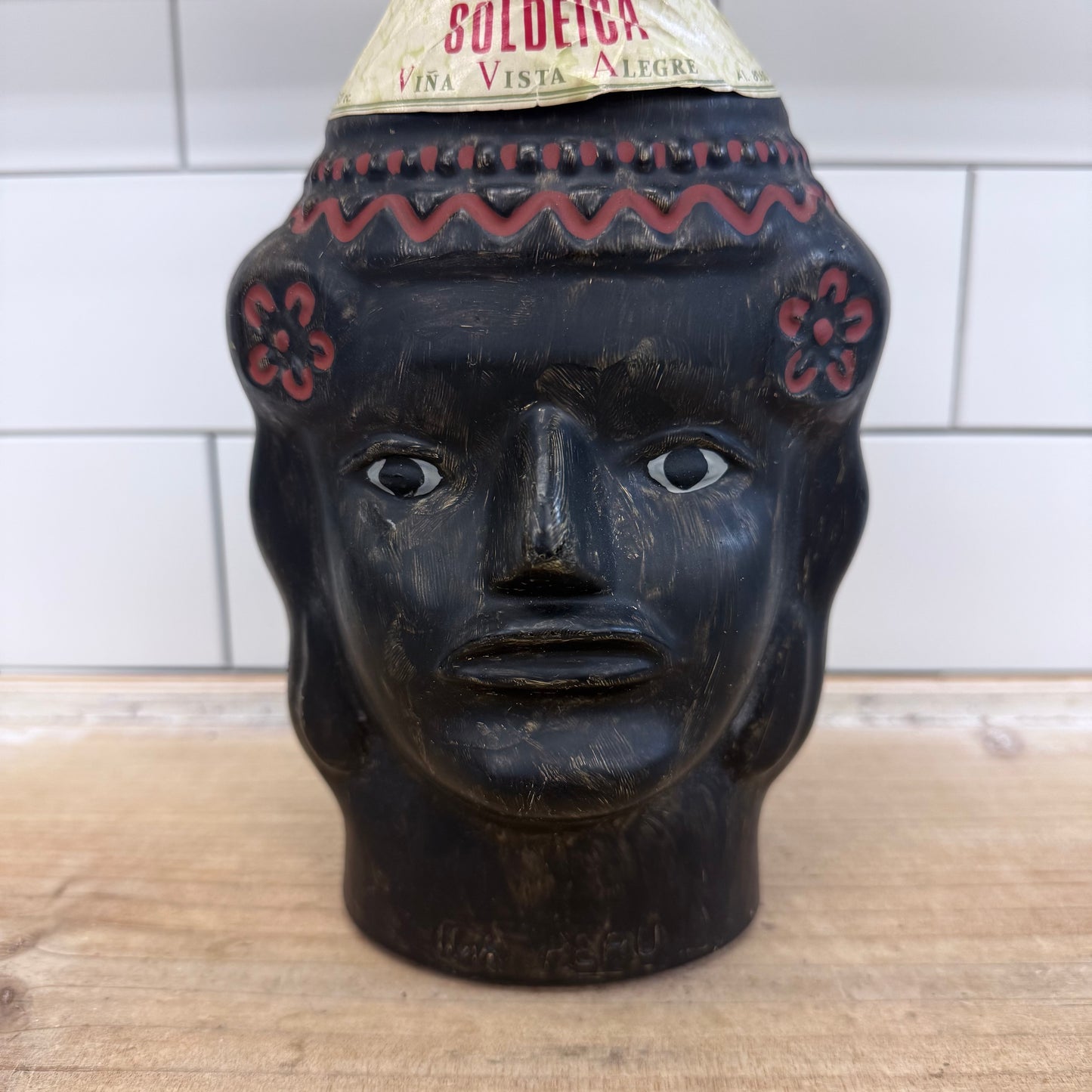 Pisco Soldeica Peru Figural Pisco Bottle Hand Painted Glass 1980s