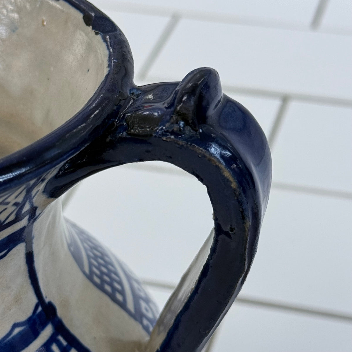 Moroccan Fez Blue White Pottery Pitcher & Plate Hand Painted