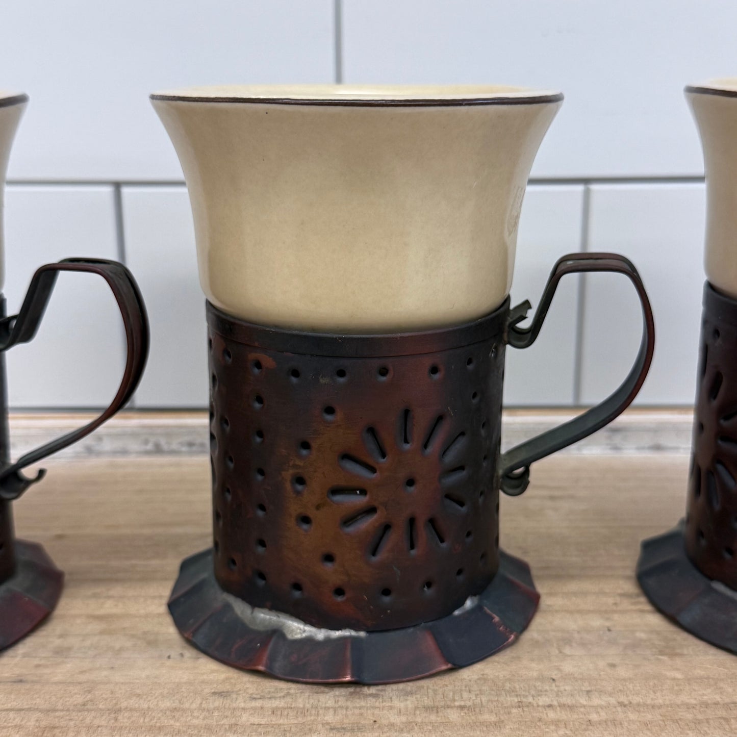 Pfaltzgraff Village Copper Mug Holders & Stoneware Inserts Set