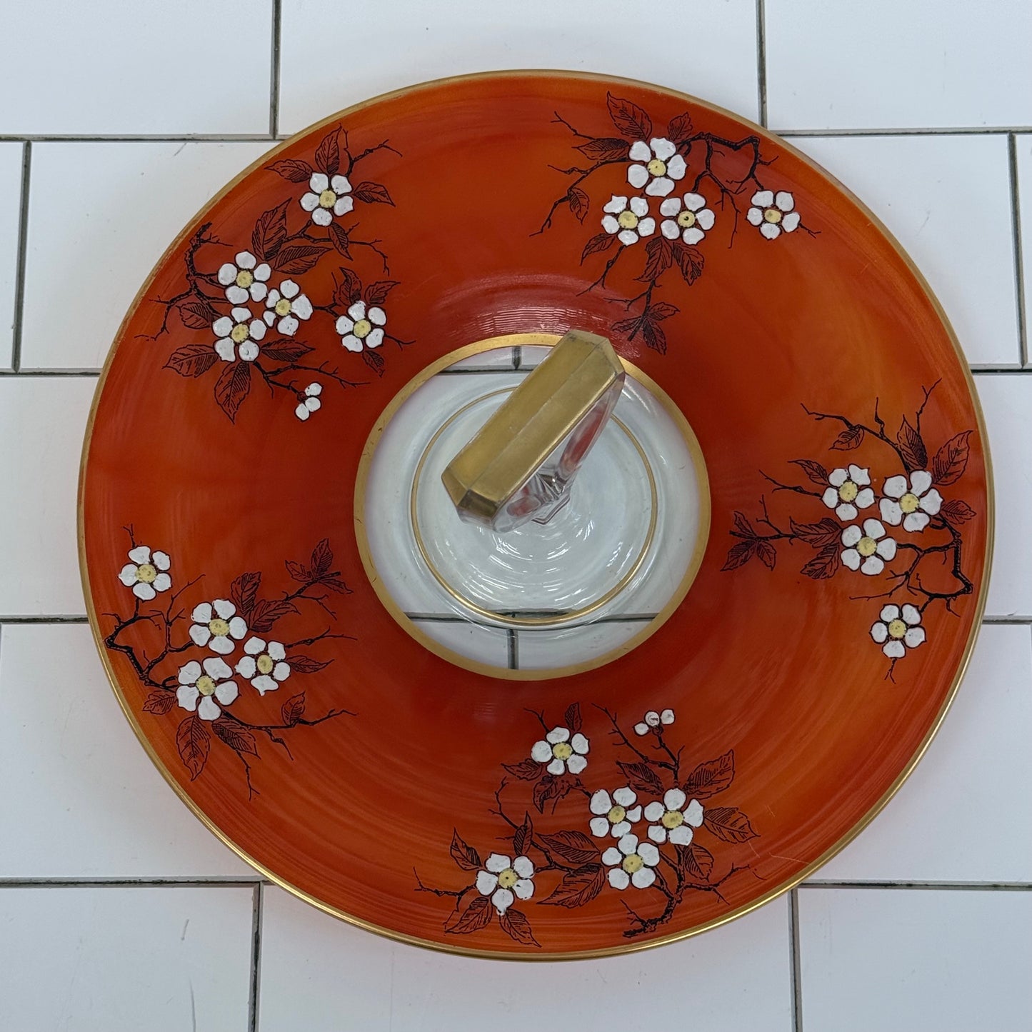 Art Deco Orange Floral Glass Serving Tray 1930s