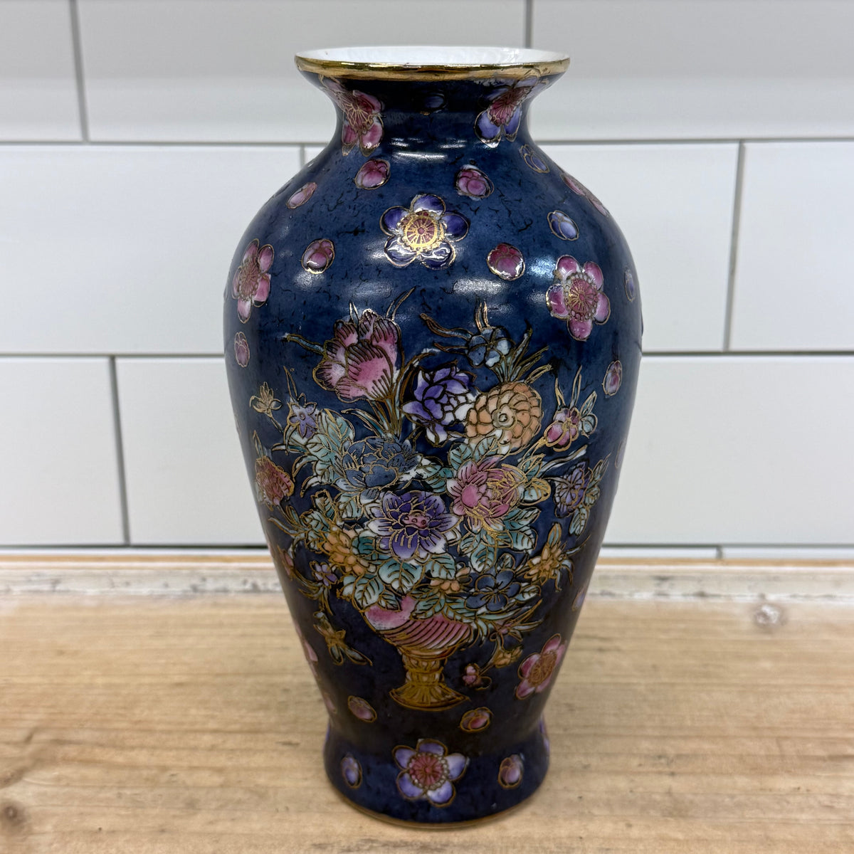 Cobalt Blue Floral Porcelain Vase Gold Trim Chinoiserie