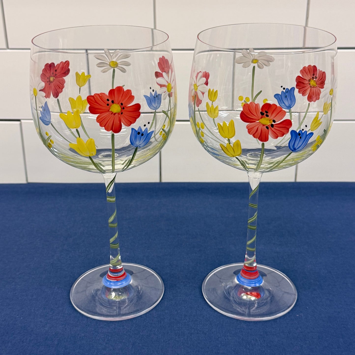 Hand Painted Wildflower Wine Glasses Set of 2 Floral Goblets