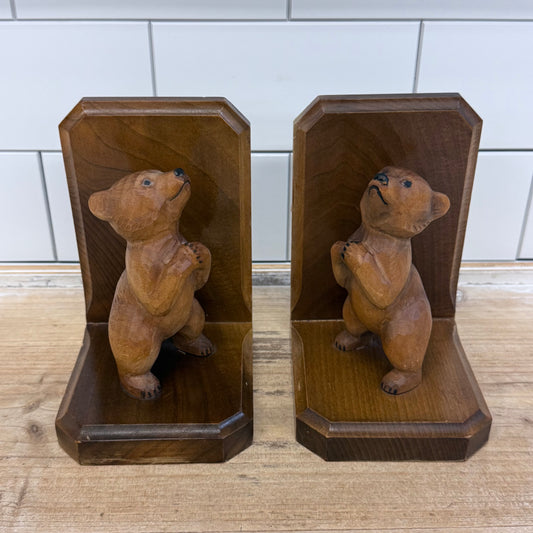 Carved Wood Bear Bookends Rustic Lodge Folk Art Pair