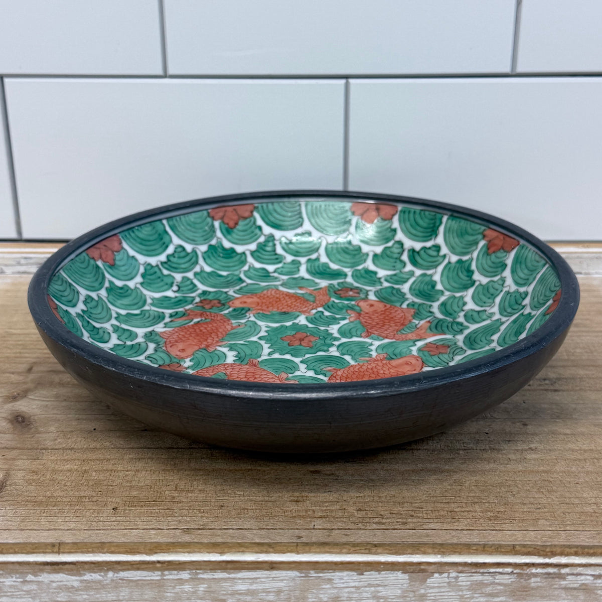 Asian Porcelain Koi Fish Bowl with Pewter Collar 1970s