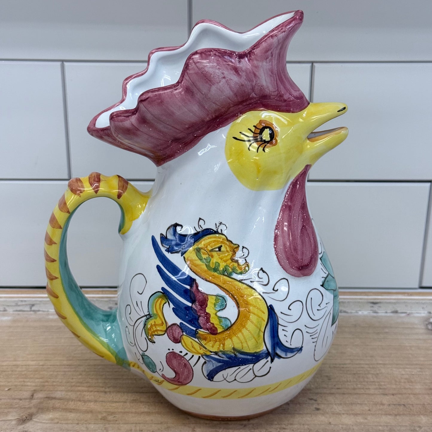 Italian Hand Painted Rooster Ceramic Pitcher Majolica Style