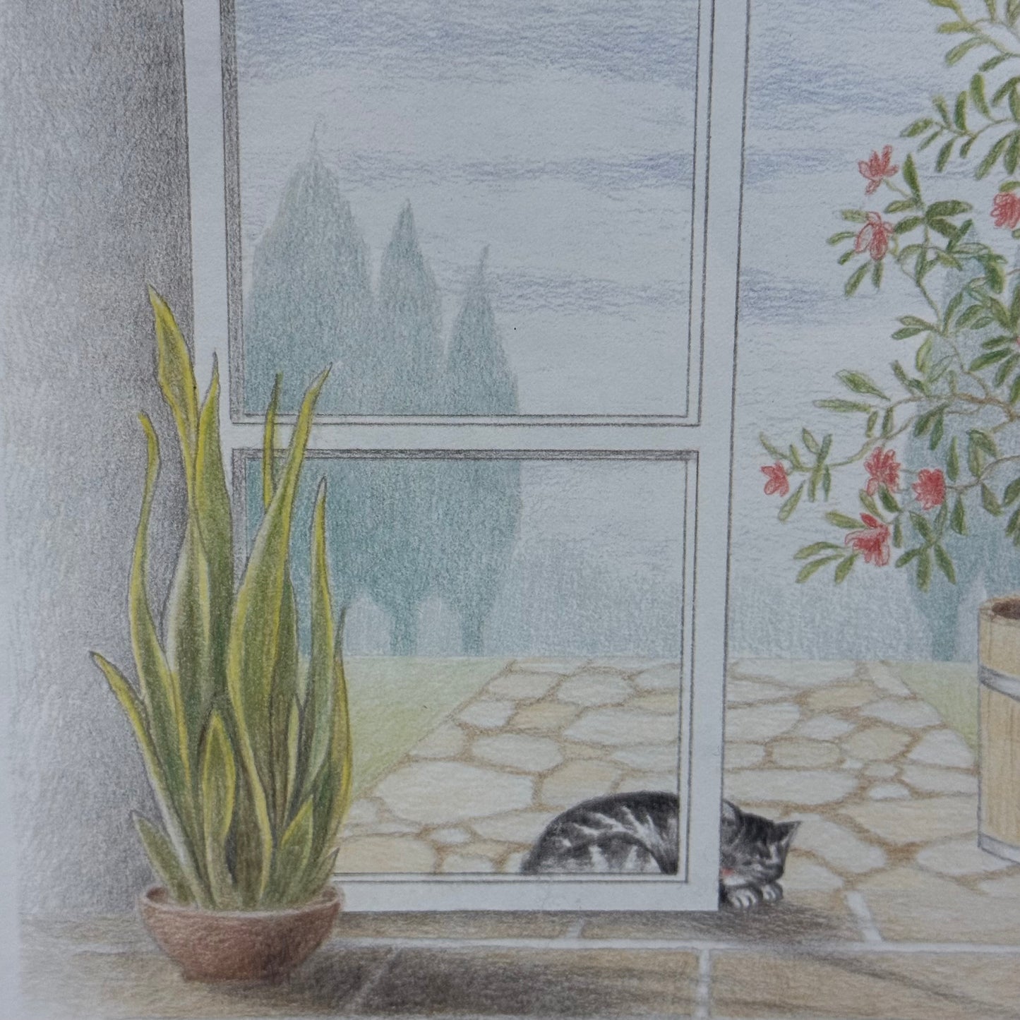 Leon Tür mit Oleander Cat & Garden Framed Art Print 1970s-1980s