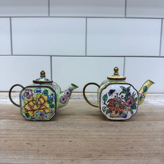 Otagiri Enesco Enameled Metal Miniature Teapots, Set of 2