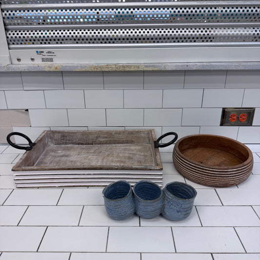 Rustic Wood Tray Bowl & Blue Ceramic Decor Set