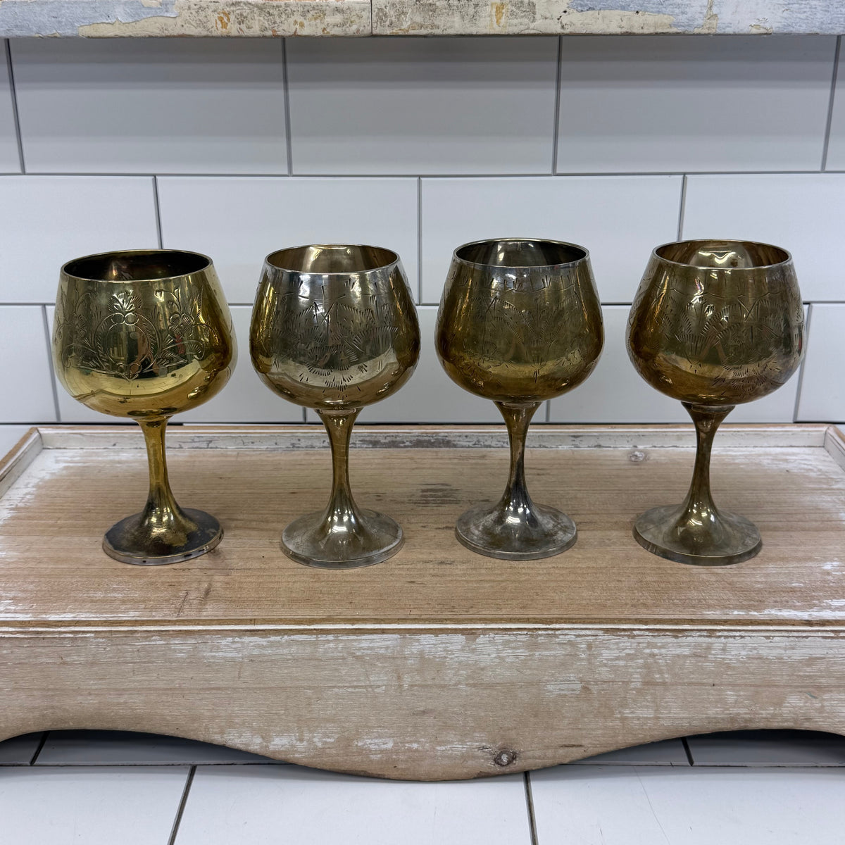 Vintage Floral Etched Goblets, Set of 4