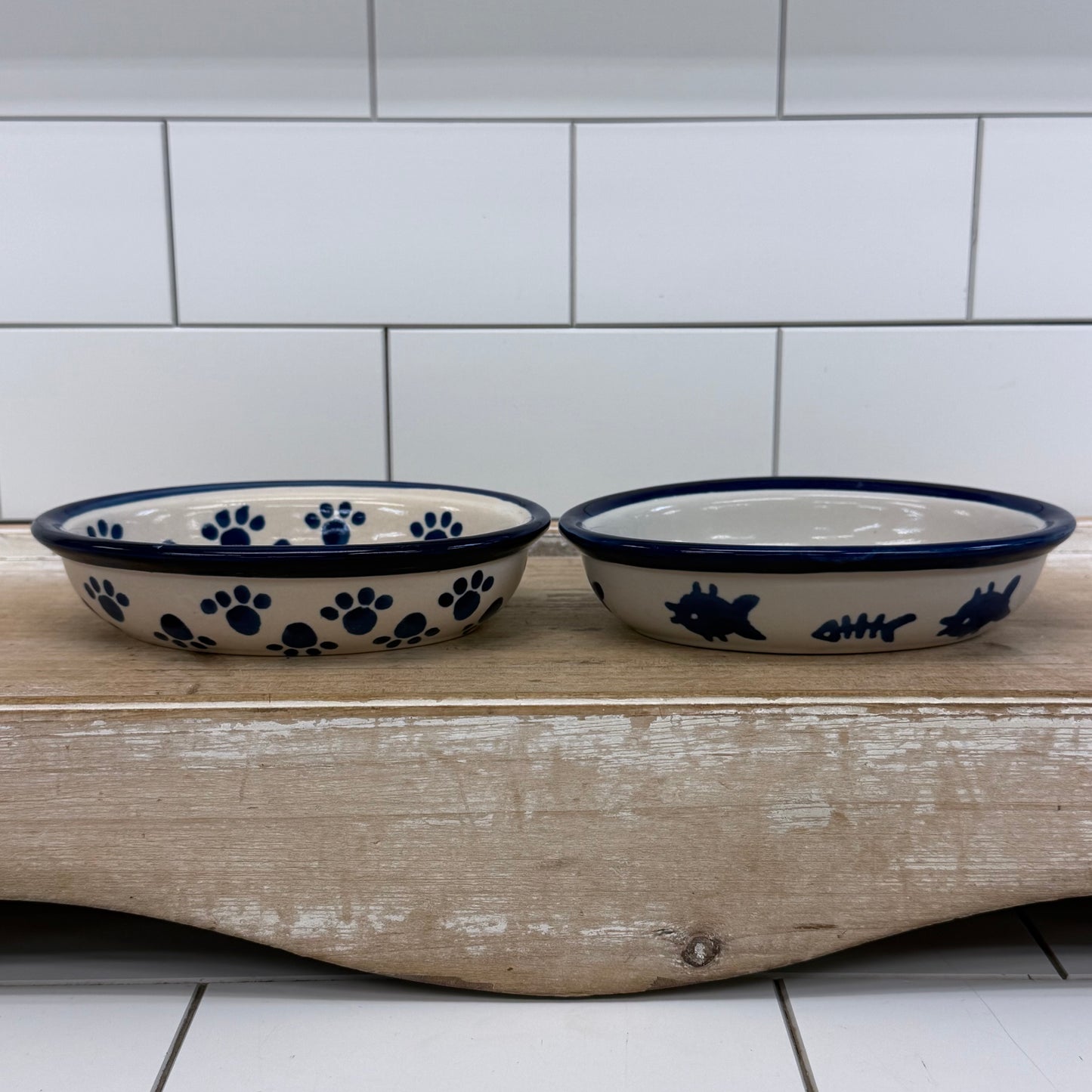 Blue & White Cat Pet Bowls Set of 2 Stoneware
