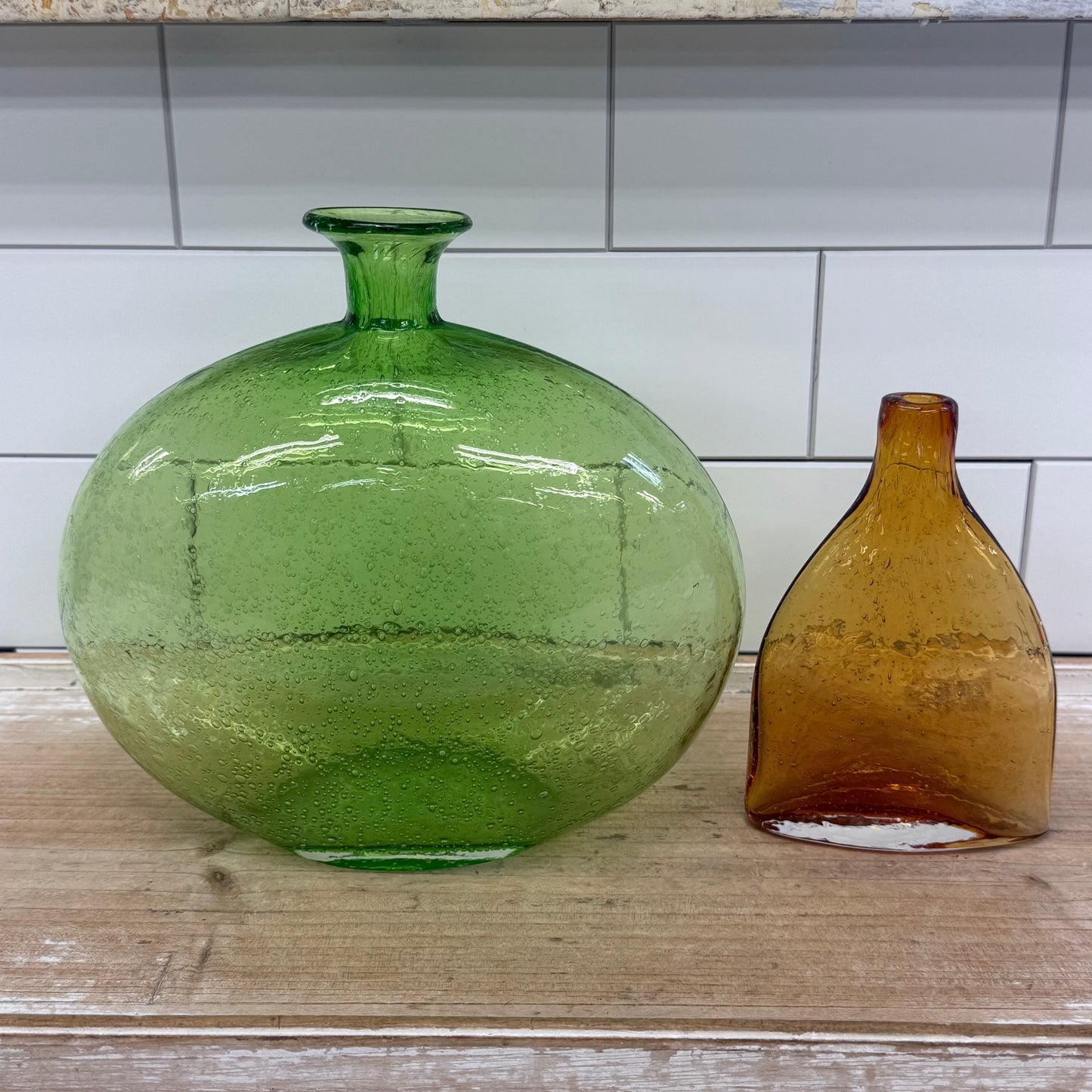 Mexican Seeded Art Glass Vases Green & Amber Hand Blown Set of 2