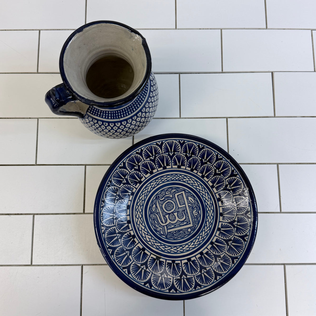 Moroccan Fez Blue White Pottery Pitcher & Plate Hand Painted