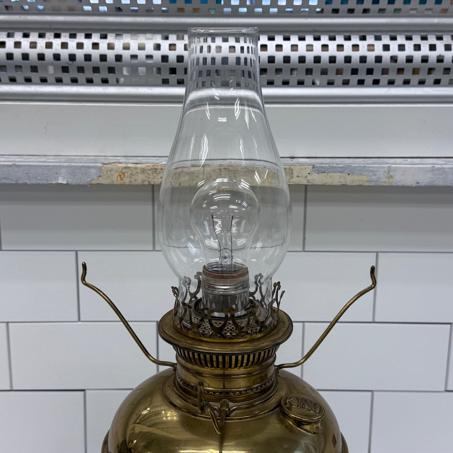 KYSO Brass Electric Hurricane Lamp Glass Shade 1950s