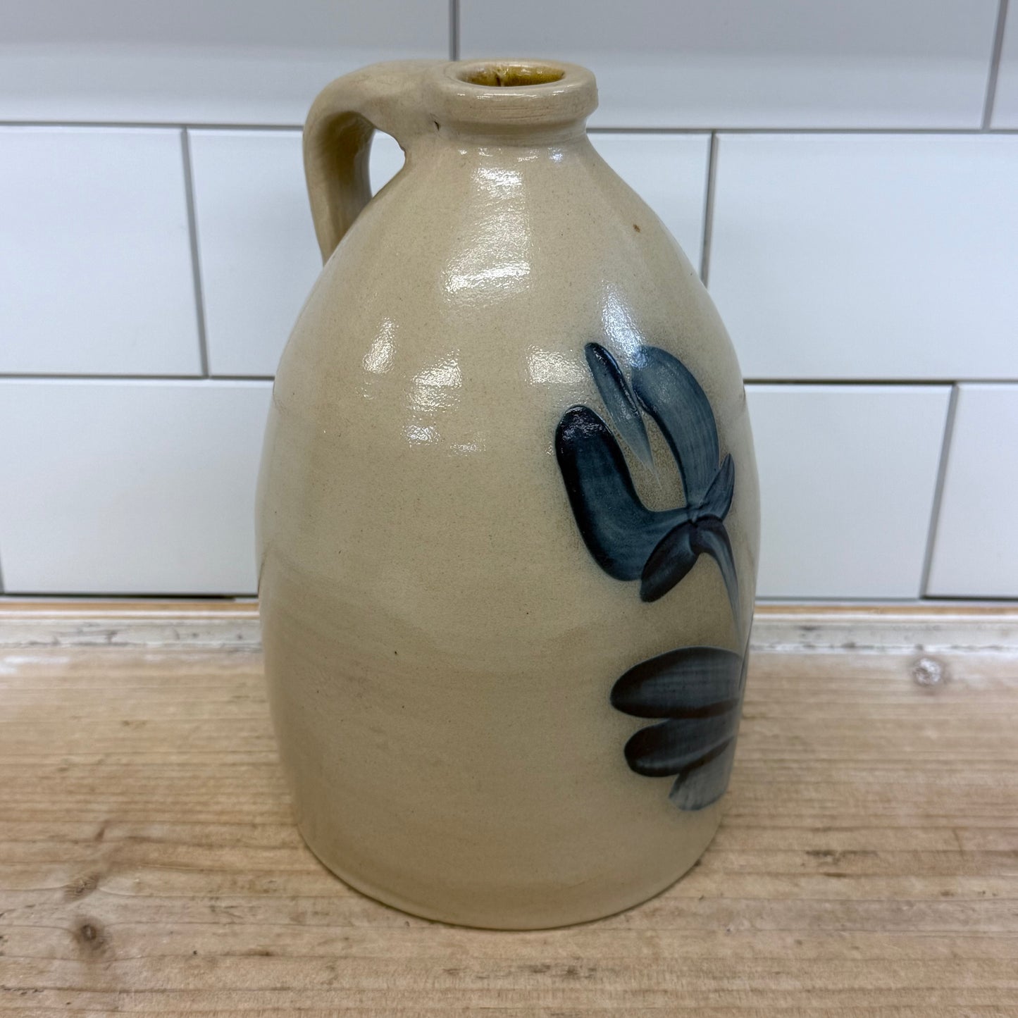 Studio Art Pottery Floral Stoneware Handled Jug Signed