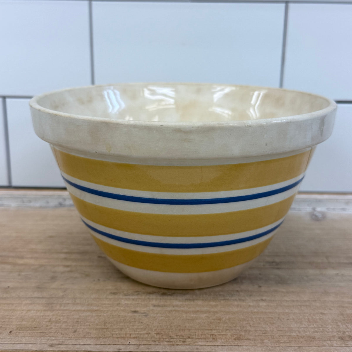 English Yellow & Blue Stripe Earthenware Mixing Bowl 1940s
