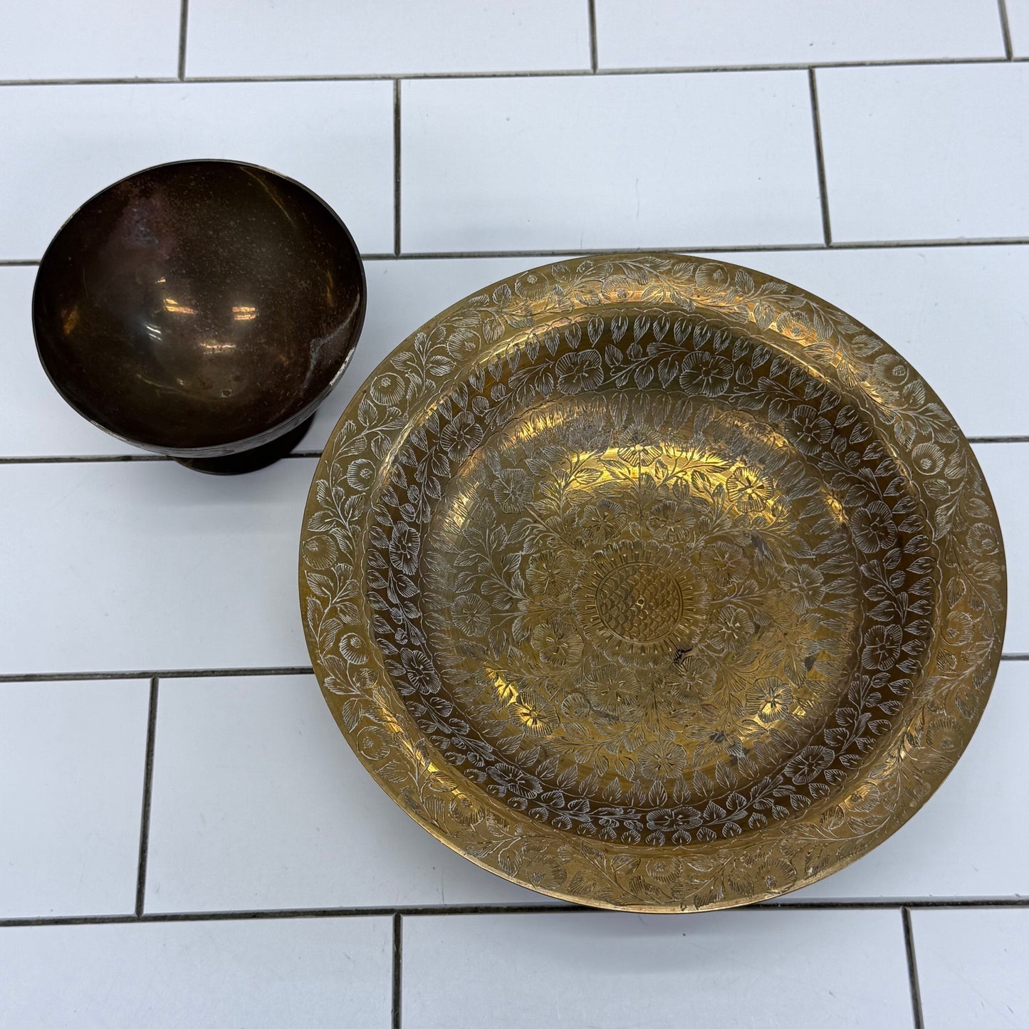 Etched Floral Brass Compotes Set of 2 Vintage Pedestal Bowls