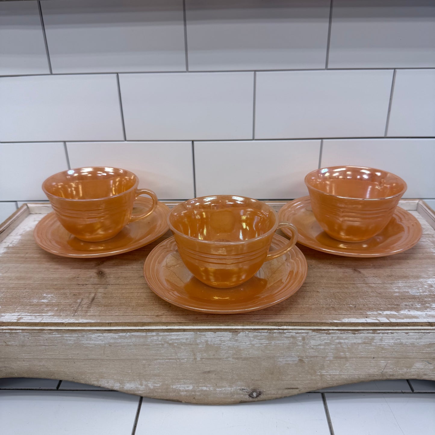 Fire King Peach Lustre Jane Ray Teacups Saucers Set of 3