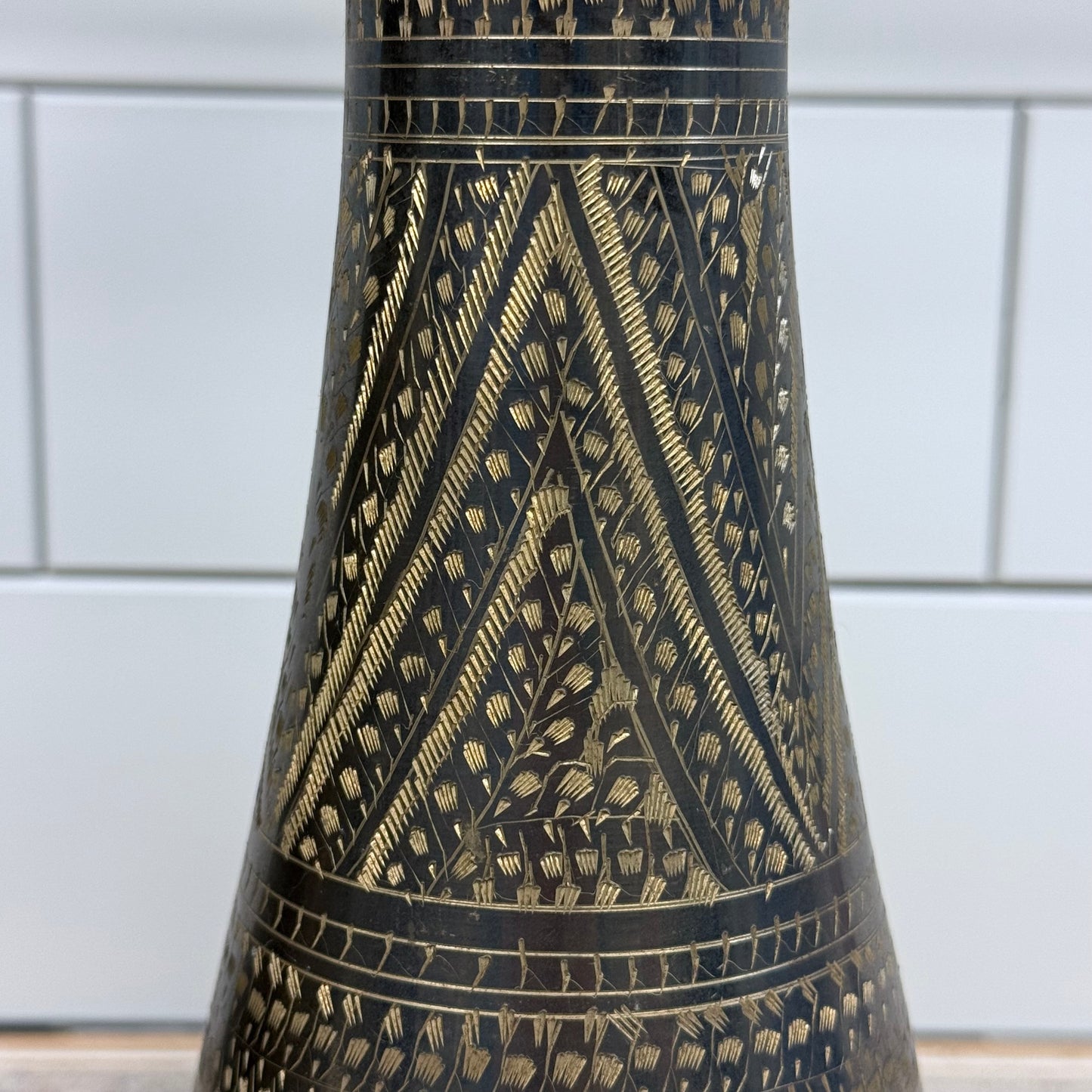 Etched Brass Pedestal Vases Set of 2 Geometric Decor Pair