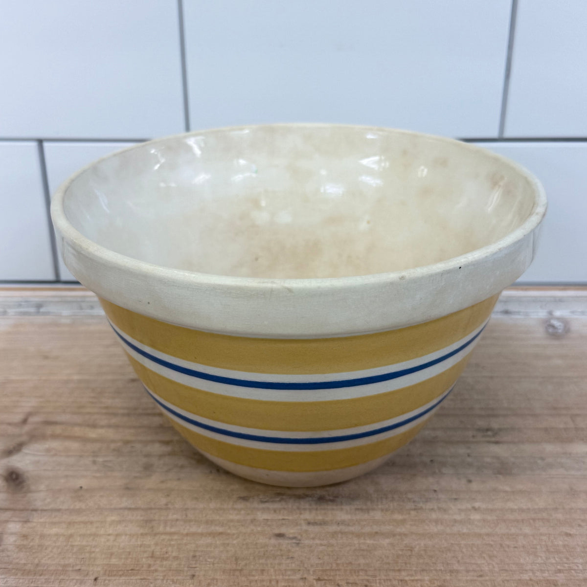 English Yellow & Blue Stripe Earthenware Mixing Bowl 1940s