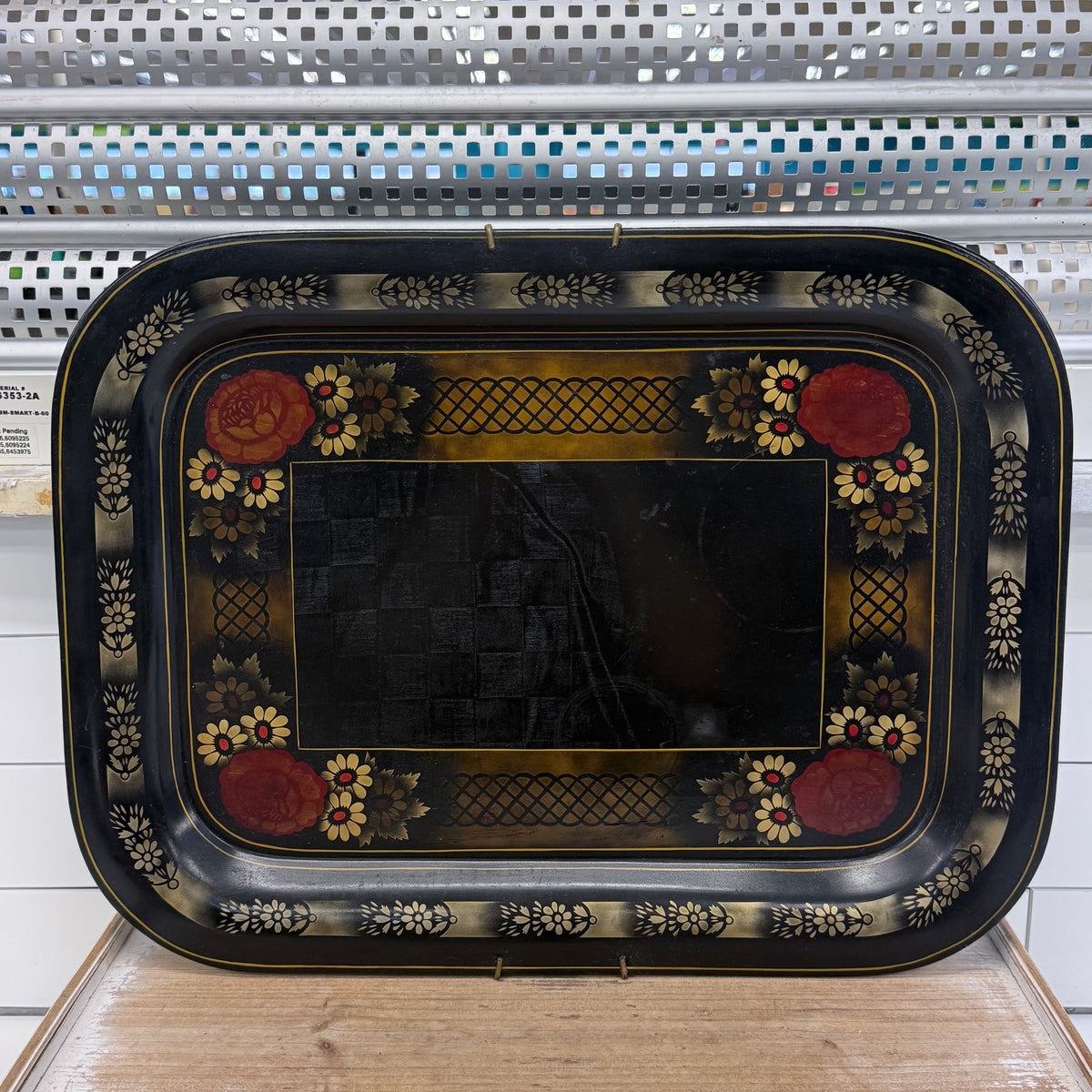 Floral Stenciled Tin Tray Black Gold Toleware Vintage 1970s