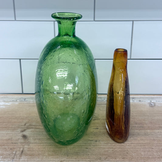 Mexican Seeded Art Glass Vases Green & Amber Hand Blown Set of 2