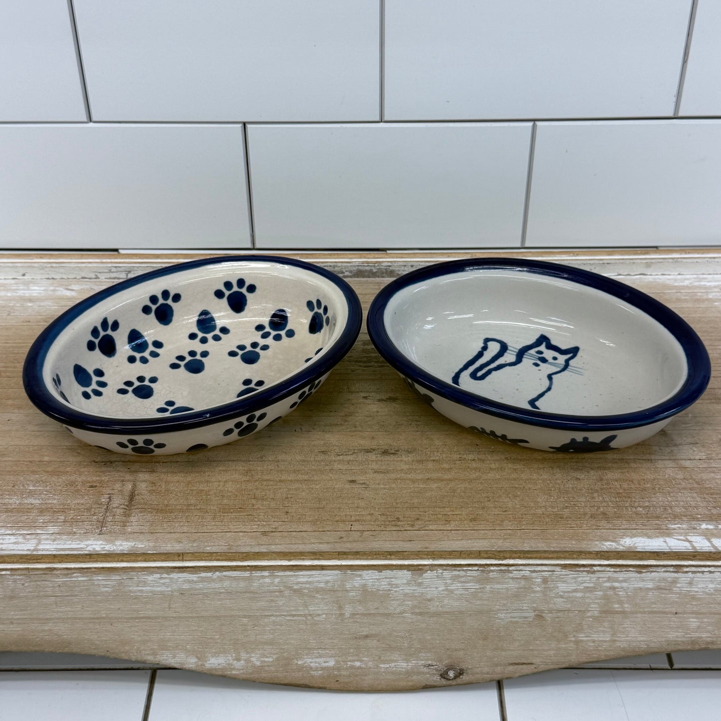 Blue & White Cat Pet Bowls Set of 2 Stoneware