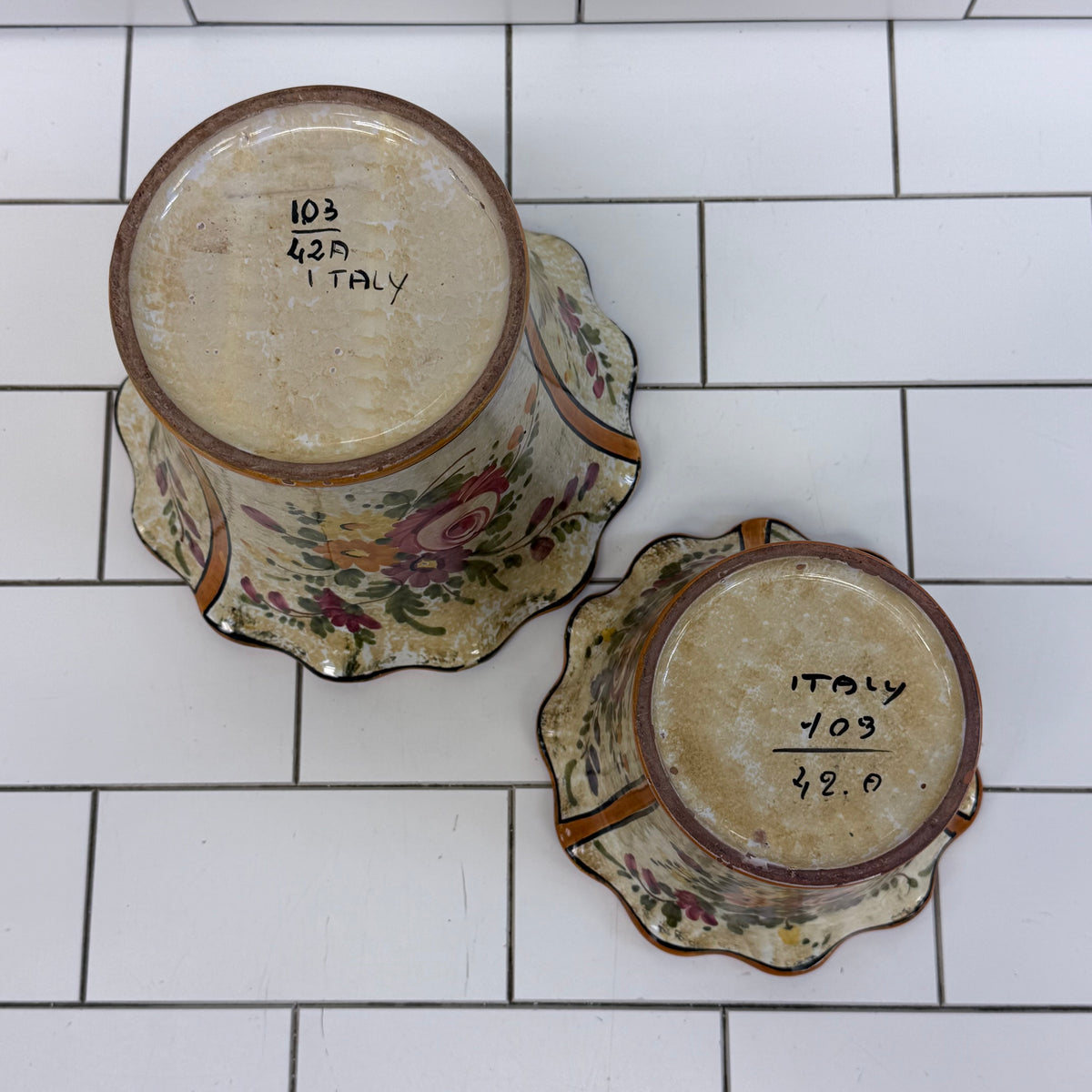 Italian Hand Painted Floral Ceramic Planters Set of 2