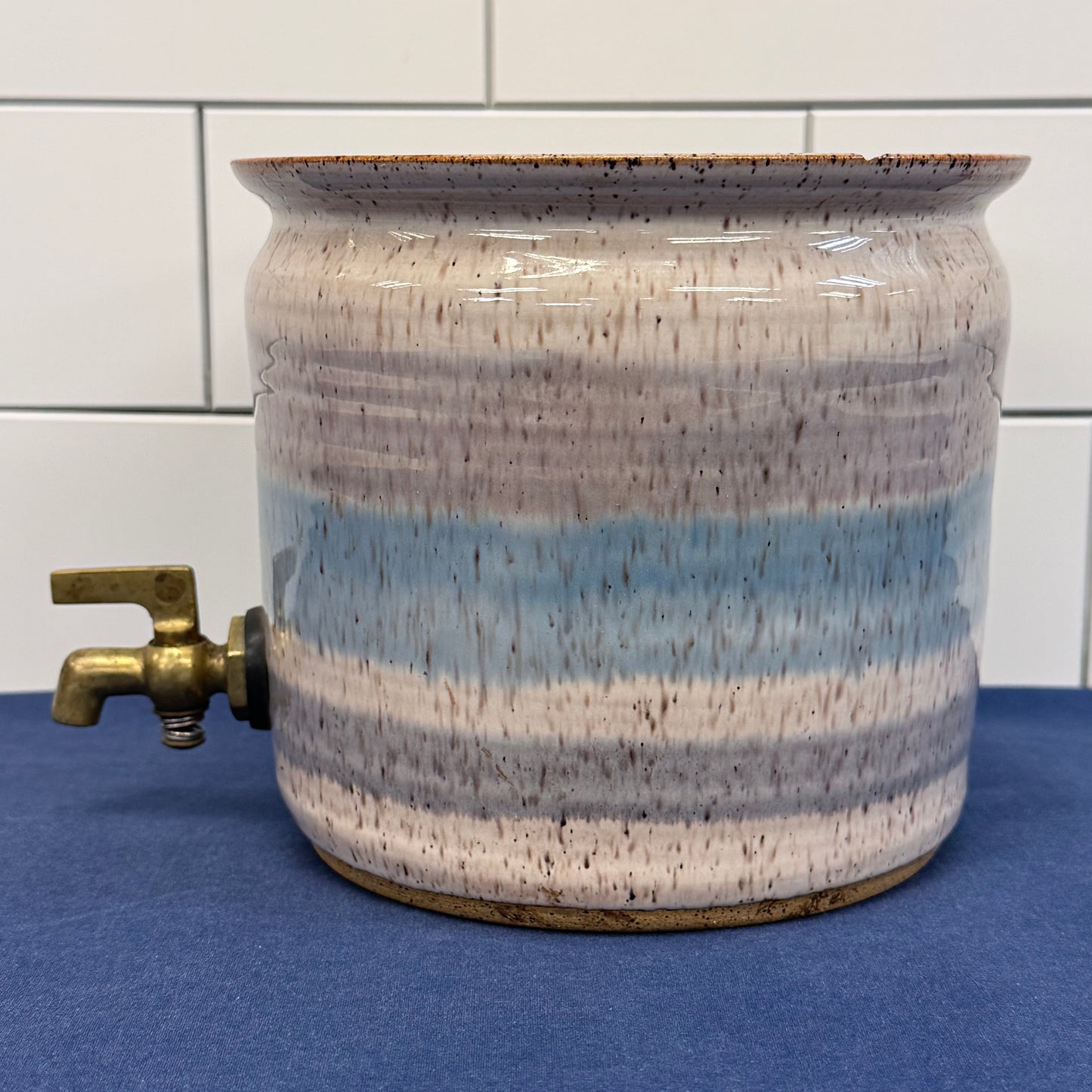 Stoneware Beverage Dispenser Blue Gray Glaze Crock Vessel 1970s