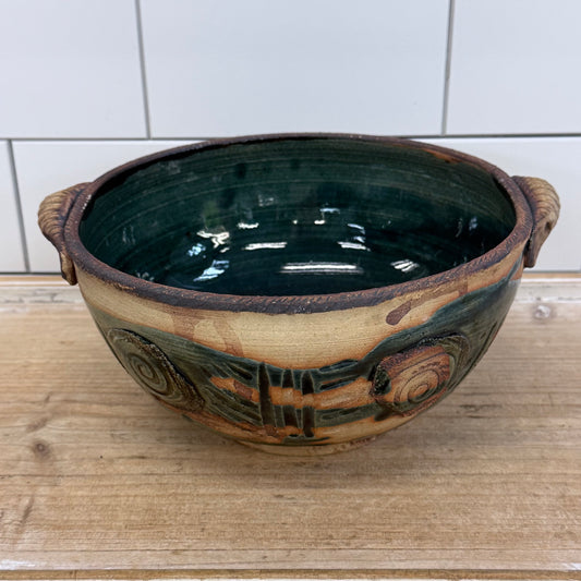 Studio Art Pottery Spiral Handled Bowl, Signed, Glazed Stoneware