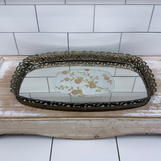 Vintage Floral Filigree Mirrored Vanity Tray Ornate