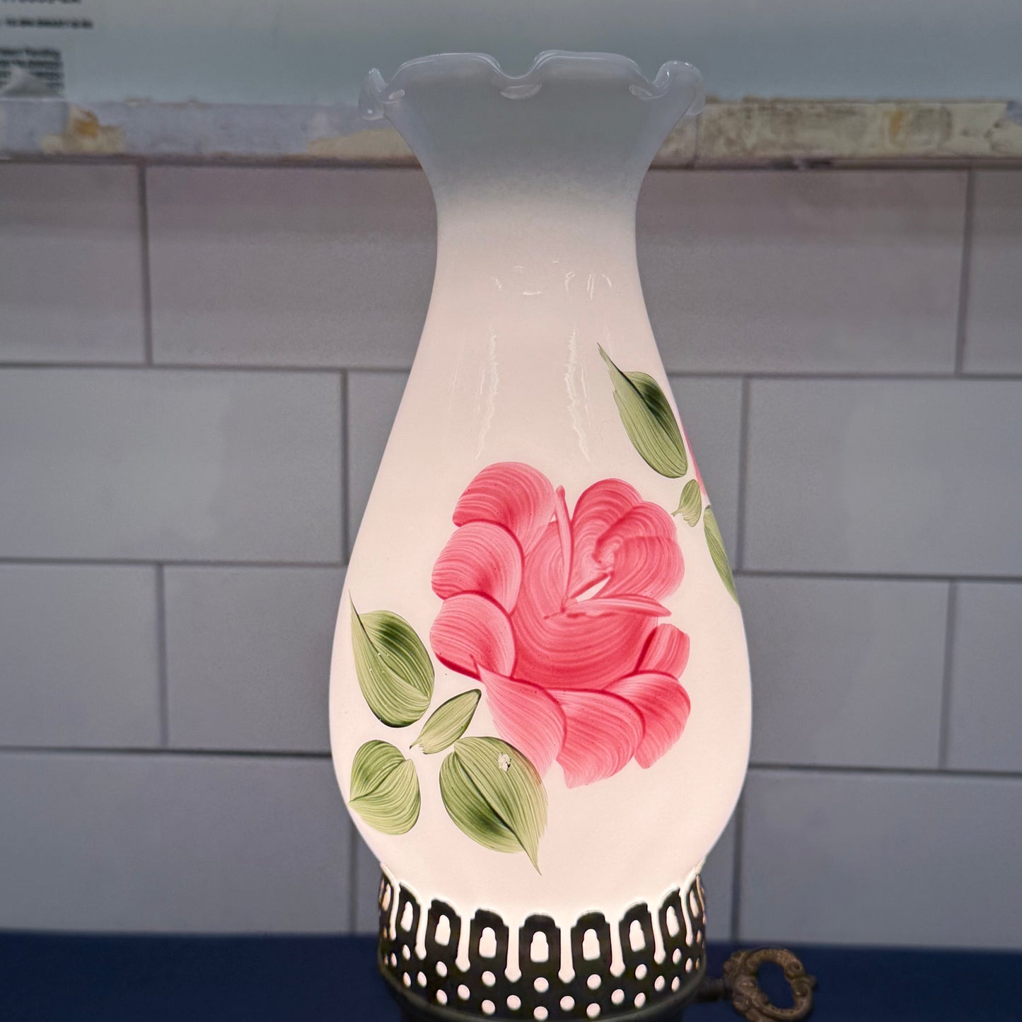 Vintage Milk Glass Floral Table Lamp 1950s