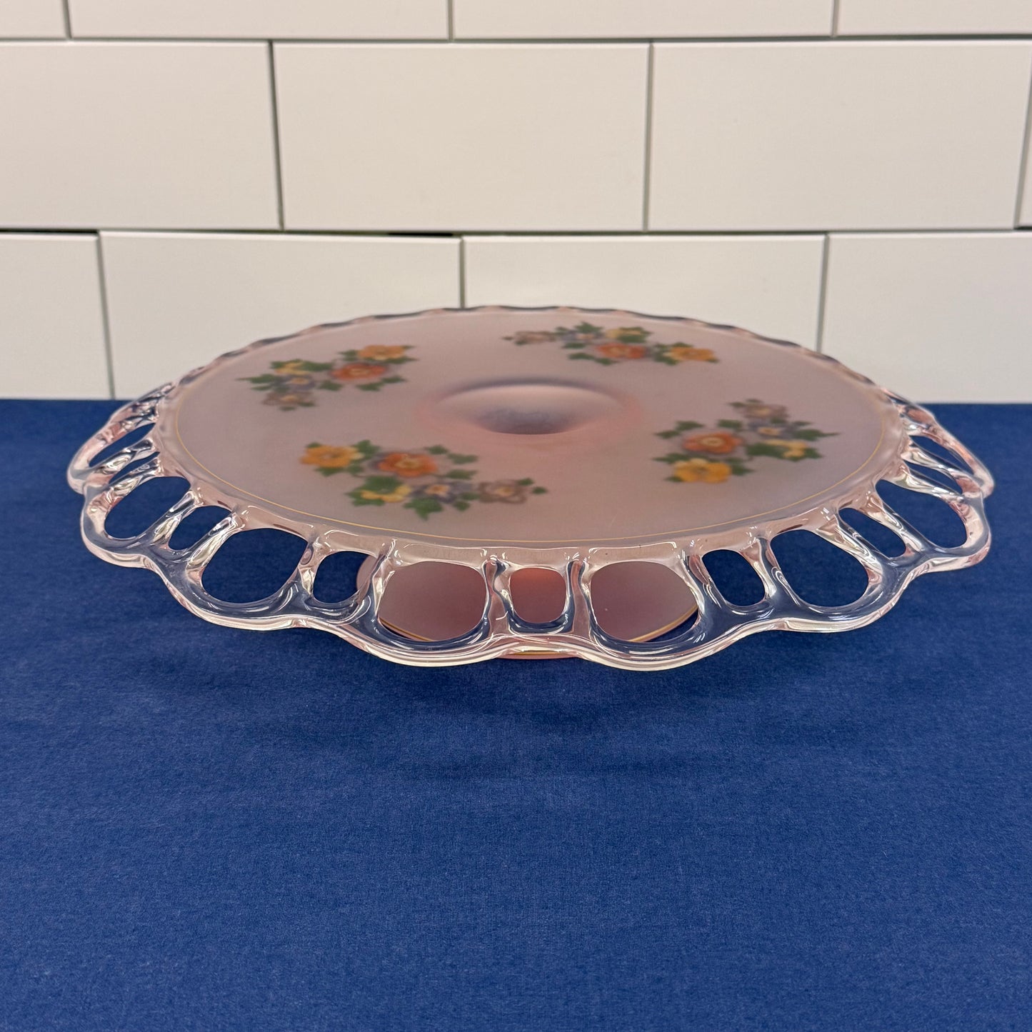 Pink Frosted Glass Floral Openwork Handled Serving Plate