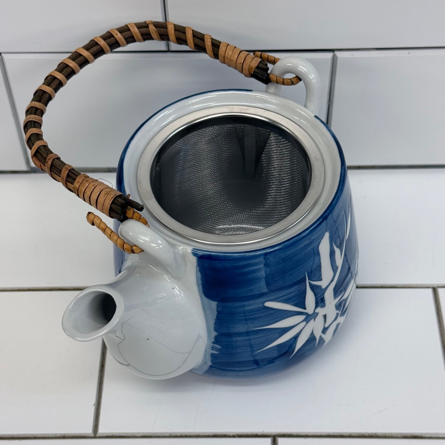 Blue Bamboo Porcelain Teapot Tea Set with Infuser & 2 Cups