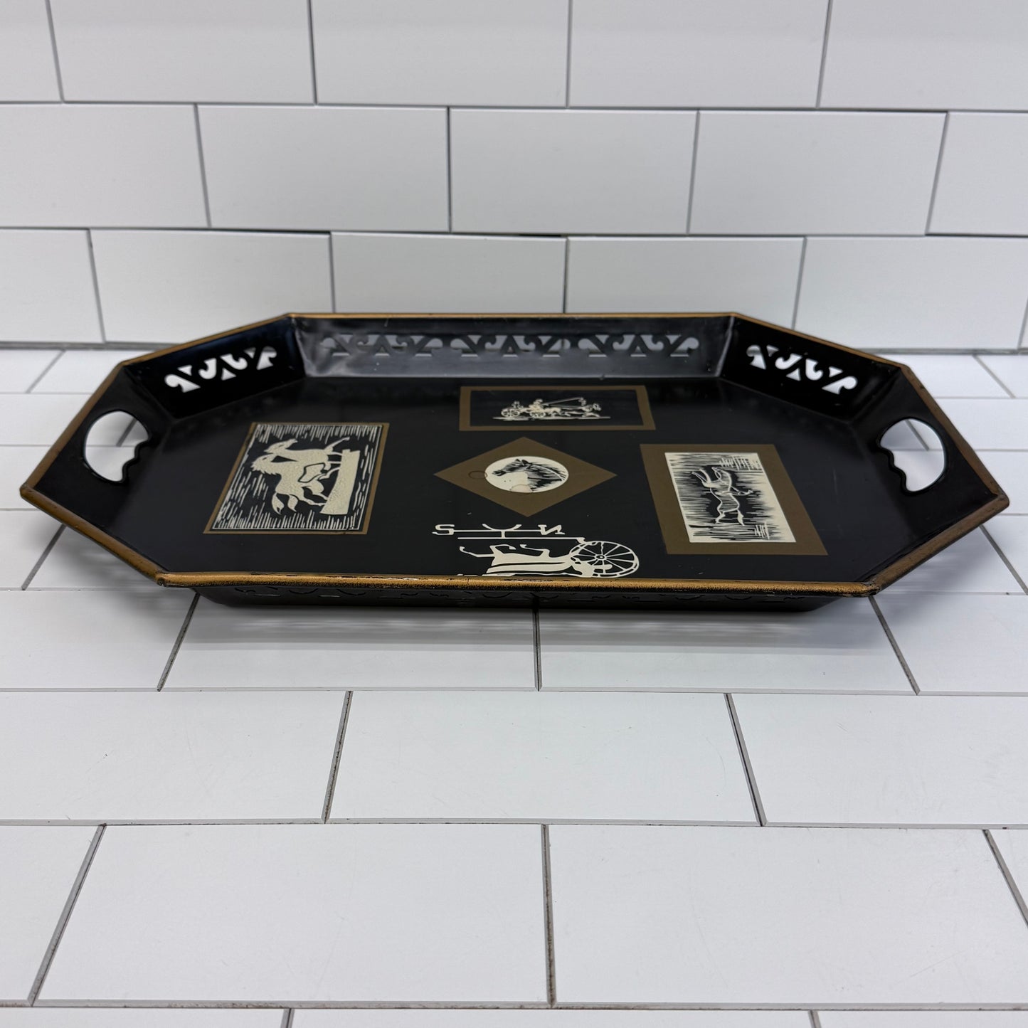 Art Deco Toleware Tray, Horse Motif