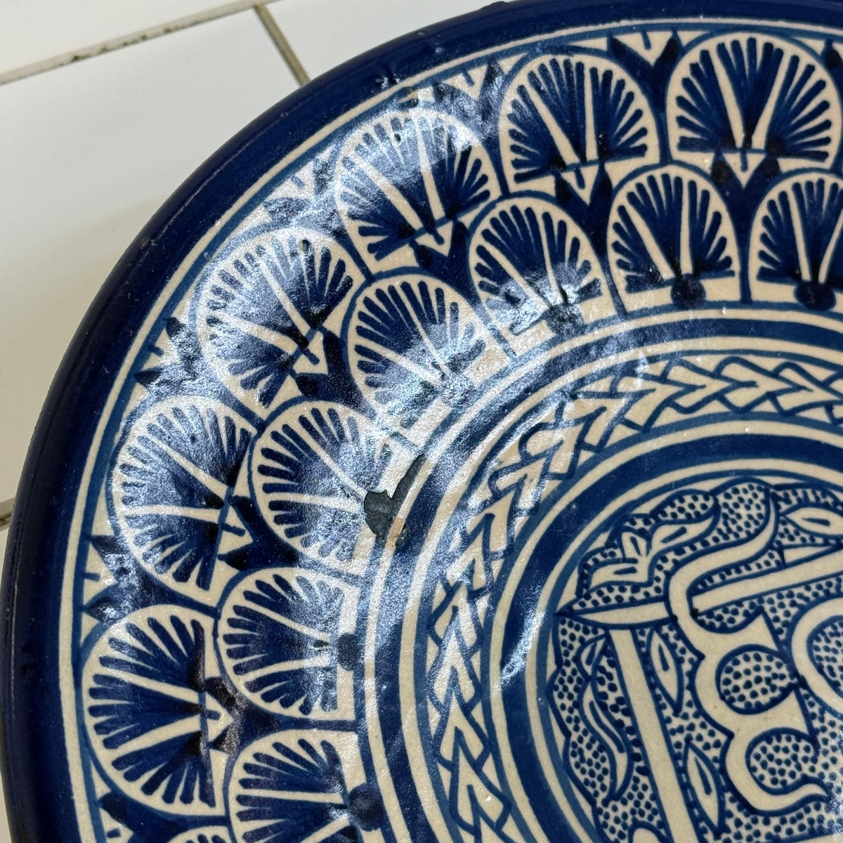 Moroccan Fez Blue White Pottery Pitcher & Plate Hand Painted